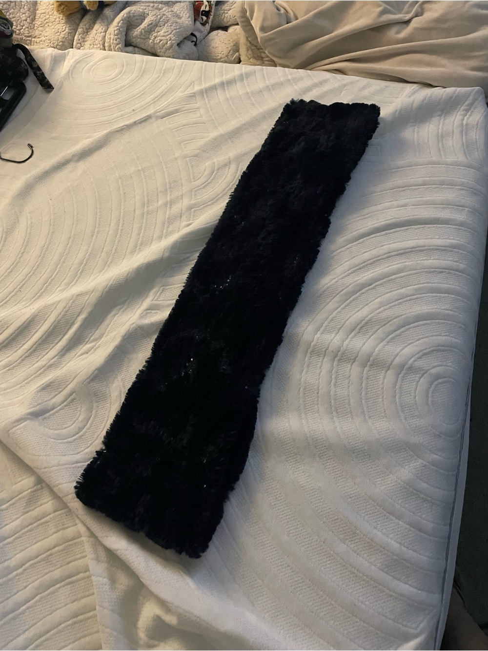 Black faux fur infinity scarf with sparkle detail